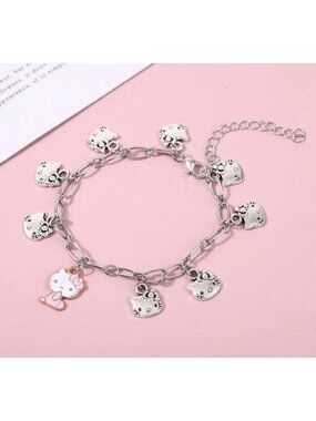 Hello Kitty Silver Charm Bracelet Adjustable Dangle Chain Jewelry Women & Girls
